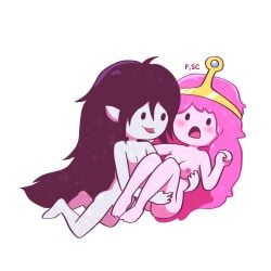 2girls adventure_time artist_name black_hair canon_couple crown erect_nipples fizzyspidercider forked_tongue grey_skin hi_res large_breasts lesbian marceline nipples nude_female pink_nipples pink_skin princess_bubblegum princess_carry surprised tongue_out vampire very_long_hair white_background yuri