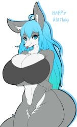 anthro arm_under_breasts big_breasts blackhiro76 blue_eyes blue_hair bottomless breasts canid canine canis clothed clothing covering covering_crotch domestic_dog female fluffy_ears hair hanul hi_res huge_breasts looking_at_viewer mammal solo tagme tongue