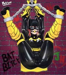 1girls ball_gag barbara_gordon batgirl batman_(series) big_breasts bondage cameltoe chains dc dc_comics erect_nipples female female_only femsub fully_clothed gag legs_apart legs_up looking_at_viewer metiore restrained shiny_clothes skin_tight steel_bondage thick_thighs tight_clothing