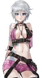 anastasia_(idolmaster) belt_buckle big_breasts blue_eyes breasts bullet collar cosplay costume gloves idolmaster jinx_(league_of_legends)_(cosplay) league_of_legends silver_hair tattoo tattoos