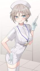 anastasia_(idolmaster) blue_eyes commentary_request gloves gray_hair kneehighs looking_at_viewer nurse nurse_uniform short_hair silver_hair smile smiling smiling_at_viewer syringe tagme white_gloves white_hair white_legwear