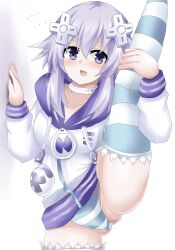 1girls against_wall blush breasts choker d-pad d-pad_hair_ornament flat_chest flexible goddess hair_ornament highres leg_grab leg_up legs matrixjudge neptune_(neptunia) neptunia_(series) open_mouth panties pantyshot parka purple_eyes purple_hair short_hair small_breasts smile solo striped striped_legwear striped_panties underwear white_background