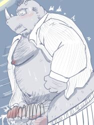 2022 anthro balls belly big_belly bodily_fluids censored closed_eyes clothed clothing cum dain_4201 ejaculation erection eyewear genital_fluids genitals glasses hi_res humanoid_genitalia humanoid_hands humanoid_penis kemono male mammal masturbation mature_male moobs nipples open_clothing open_shirt open_topwear overweight overweight_male penis rhinocerotoid shirt solo sweat topwear