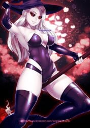 1girls bodysuit broom broom_riding broomstick gloves grapesliime high_heel_boots high_heels long_gloves pale_skin purple_gloves purple_high_heels_boots red_eyes riding riding_broom rwby salem_(rwby) skin_tight tight_clothing white_hair witch witch_costume witch_hat