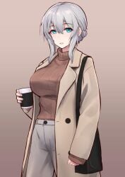 1girls blue_eyes casual clothed coffee coffee_cup commentary_request gray_hair lingerie looking_at_viewer no_background oc original original_character silver_hair tagme teacher teacher_outfit toriatto_gununu white_hair