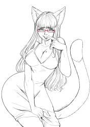 1girls black_and_white cat_ears cat_tail catgirl cleavage dress female female_only finger_to_mouth glasses kinkymation long_hair looking_at_viewer mole mole_on_breast mole_under_mouth paulina_(kinkymation) smiling smiling_at_viewer solo solo_female tail very_high_resolution white_background