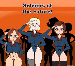 3girls 6+girls abs blonde_hair colored erect_nipples female freesphinx large_breasts leotard lipstick military military_uniform panties panties_showing red_eyes sad salute short_hair shortstack side-tie_panties smile standing text thick_ass thick_thighs thighhighs yellow_eyes