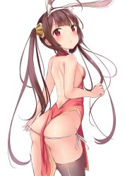 1girls :o ahoge animal_ears ass azur_lane back backless_dress backless_outfit bangs bare_back bare_shoulders black_legwear blunt_bangs blush breasts brown_hair china_dress chinese_clothes covered_nipples cowboy_shot dragon_empery_(azur_lane) dress female from_behind hairband halter_dress halterneck kemonomimi_mode leaning_forward light-skinned_female light_skin long_hair looking_at_viewer looking_back panties panty_pull parted_lips pelvic_curtain ping_hai_(azur_lane) ping_hai_(osmanthus_moon_rabbit)_(azur_lane) rabbit_ears red_dress red_eyes shiny shiny_hair side-tie_panties simple_background small_breasts solo standing tareme thighs twintails underwear white_background white_hairband white_panties yukishiro_arte