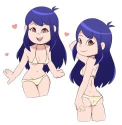 bikini bikini_bottom bikini_top brown_eyes cute heart plum_(thrumbo) purple_hair small_breasts striped swimwear thrumbo