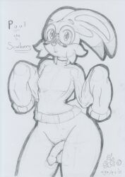 2022 anthro anthrofied balls blush bottomless clothed clothing eyewear flaccid floppy_ears foreskin genitals glasses graphite_(artwork) lagomorph leporid long_sleeves looking_at_viewer lunaris_parukia male mammal nintendo paul_(lunaris_parukia) penis pokémon_(species) pokémorph pokemon rabbit round_glasses scorbunny sleeves_past_fingers sleeves_past_wrists smile smiling_at_viewer solo sweater sweater_only topwear topwear_only traditional_media_(artwork) video_games