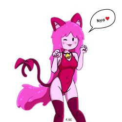 1girls 2022 adventure_time black_eyes blush breasts cartoon_network cartoony cat_ears catgirl collar collar_with_bell female female_only fizzyspidercider humanoid pink_body pink_hair princess_bubblegum solo tail thigh_highs thighhighs thighs tongue tongue_out whiskers winking