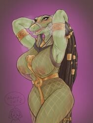 2d ammit ammit_(moon_knight) anthro areola arthur_harrow athletic_female blush breasts clothed clothing crocodilian deity egyptian_mythology female hair hi_res marvel middle_eastern_mythology moon_knight_(series) mythology nipples odd_lee0 reptile scalie scalie_female scalie_only smile text