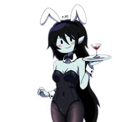 2021 adventure_time black_eyes black_hair blush breasts bunny_ears bunnysuit cartoon_network cleavage female female_only fizzyspidercider grey_body marceline pale_skin serving_tray vampire waitress wine wine_glass