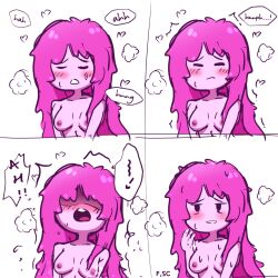 1girls 2022 adventure_time black_eyes blush breasts cartoon_network comic female female_only fizzyspidercider implied_masturbation masturbation nipples o_face open_mouth orgasm pink_body pink_hair princess_bubblegum pussy_juice satisfied text wet_fingers