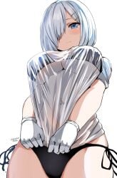 artist_name belko bikini bikini_under_clothes black_bikini blouse blue_eyes blush breasts closed_mouth clothes_pull covered_navel dated female from_below gloves grey_hair hair_ornament hair_over_one_eye hairclip hamakaze_(kantai_collection) highres kantai_collection large_breasts looking_at_viewer looking_down pulled_by_self see-through see-through_shirt shirt shirt_pull shirt_tug short_hair side-tie_bikini solo swimsuit underboob wet wet_clothes wet_shirt white_background white_gloves white_shirt