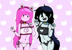 2021 2girls adventure_time black_eyes black_hair blush boob_window bra breasts cartoon_network cat_keyhole_bra cat_lingerie catgirl cleavage cleavage_cutout female female_only fizzyspidercider grey_body marceline multiple_girls pale_skin panties pink_body pink_eyes pink_hair princess_bubblegum underwear vampire