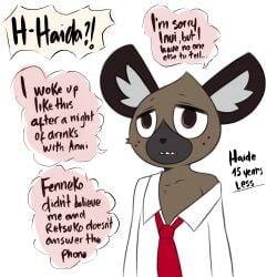 1:1 ?! age_regression aged_down aggressive_retsuko aggretsuko anthro blush clothing collar cub dialogue english_text freckles haida haida_(aggretsuko) hi_res hyaenid male mammal necktie saltyxodium sanrio shirt smooth_fur solo spotted_hyena t-shirt text topwear young