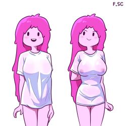 1girls 2022 2d adventure_time artist_logo artist_name artist_signature black_eyes blush breasts candy_people_(at) cartoon_network female female_only fizzyspidercider form_fitting long_hair long_pink_hair nipples open_mouth pink_body pink_hair pink_skin princess_bubblegum see-through see-through_clothing see-through_shirt shirt simple_background smile smug standing teeth thighs tight_clothing translucent wet_clothes wet_t-shirt white_background white_shirt