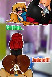 back_view bon_(fnafhs) dark-skinned_female fhs fhsz3r0 fnafhs fnafhs_z3ro fnafhsrule34 fred_(fnafhs) freddy_(fnafhs) jay_(fnafhs) joy_(fnafhs) offscreen_character spanish_text toddy_(fnafhs) unseen_character