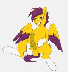 animal_genitalia animal_penis ball_fondling balls equid equine equine_penis erection feral fondling fur genitals grin hasbro intox leg_markings looking_away male mammal markings my_little_pony navel pegasus penis simple_background sitting smile socks_(marking) solo spread_legs spreading white_background wings yellow_body yellow_fur