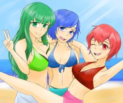 3girls ;d alternate_costume armpits bare_legs bare_shoulders beach bikini blue_bikini blue_eyes blue_hair blue_swimsuit breast_press breasts catria_(fire_emblem) cleavage collarbone day enbu est_(fire_emblem) female female_only fire_emblem fire_emblem_echoes:_shadows_of_valentia fire_emblem_gaiden frown green_bikini green_eyes green_hair green_swimsuit headband hug large_breasts legs long_hair looking_at_viewer medium_breasts multiple_girls nintendo ocean one_eye_closed outdoors palla_(fire_emblem) red_bikini red_eyes red_hair red_swimsuit sarong short_hair shorts sideboob sisters smile swimsuit v wink