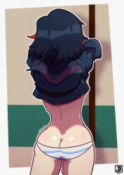 1girls ass ass_cleavage blue_and_white_striped_panties blue_hair butt_crack canon_panties canonical_scene female female_only jizuz kill_la_kill light-skinned_female light_skin matoi_ryuuko meme panties red_highlights redraw ryukoredraw school_uniform senketsu shimapan small_breasts solo undressing