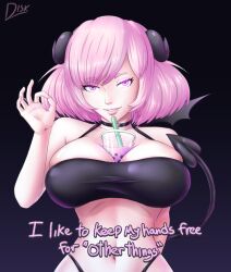 breasts diskette double_entendre hands-free_bubble_tea horns light-skinned_female light_skin looking_at_viewer pink_hair sette_(diskette) short_hair succubus text