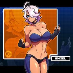 angel_(kof) big_breasts blue_eyes breasts choker dark-skinned_female dark_skin hair_covering_eye hair_over_one_eye jizuz king_of_fighters large_breasts latina muscular_female white_hair