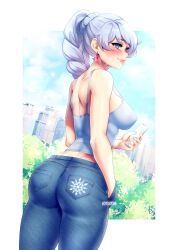 absurdres ass back bare_shoulders blonde_female blue_eyes blush braid braided_ponytail breasts city denim dimples_of_venus earrings female grapesliime hand_in_pocket highres huge_ass jeans jewelry large_breasts lips long_hair pale_blue_hair pants phloxberry phone ponytail rooster_teeth rwby sky sleeveless smile solo thick_thighs thighs tight tight_pants tree weiss_schnee white_hair