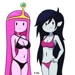 adventure_time bikini bikini_bottom bikini_top black_bikini black_underwear blush cartoon_network casual female fizzyspidercider grey_body long_black_hair long_dark_hair long_pink_hair marceline pink_bikini pink_underwear princess_bubblegum shy swimwear thighs underwear underwear_swap