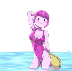 2022 adventure_time black_eyes blush breasts cartoon_network cleavage female female_only fizzyspidercider nipple_bulge nipples_visible_through_clothing one_piece_swimsuit pink_bikini pink_hair pink_one-piece pink_skin princess_bubblegum swimsuit thighs water wet