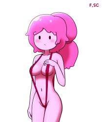 2022 adventure_time black_eyes blush breasts cartoon_network cleavage female female_only fizzyspidercider nipples pink_hair pink_skin pose princess_bubblegum sling_bikini swimsuit thighs white_background