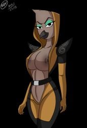 2021 anthro avian big_breasts bird black_background breasts brown_body brown_feathers bunbunmuffinart bunbunmuffins clothed clothing disney ducktales ducktales_(2017) feathers female gabby_mcstabberson half-closed_eyes hi_res inverted_nipples looking_at_viewer narrowed_eyes nipples simple_background solo