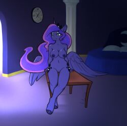 alicorn anthro bed bedroom big_breasts breasts clock equid equine female friendship_is_magic furniture genitals hi_res horn intox looking_aside mammal my_little_pony nude princess_luna_(mlp) pussy sitting solo table wings