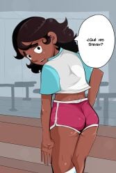 1boy 1girls 2020s 2021 alternate_version_available ass athletic_shorts back_view belly bottomwear cartoon_network clothing connie_maheswaran dark_skin dolphin_shorts embarrassed fate34 fully_clothed glistening_body gym human looking_at_viewer mirror portrait pov shirt short_hair shorts socks solo solo_female solo_focus spanish_text sportswear steven_quartz_universe steven_universe straight_hair