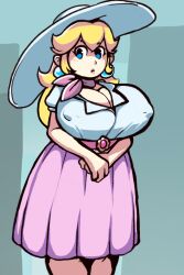 1girls big_breasts big_nipples blonde_hair boob_window busty cleavage clothed dress female female_only fully_clothed hard_nipples huge_breasts long_hair mario_(series) nipple_bulge nipples_visible_through_clothing no_bra princess_peach revealing_clothes royaloppai super_mario_odyssey tagme