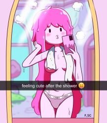 adventure_time cute female female_only fizzyspidercider no_bra out_of_shower princess_bubblegum selfie underwear wet