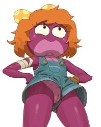 amphibia anthro exposed_pussy frog_girl hands_on_hips innie_pussy mr._bingle naked_overalls negao no_panties no_underwear pink_body pink_skin polly_plantar red_hair reptile reptile_humanoid ribbon ribbon_in_hair smile smiling straight_hair