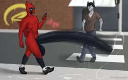 absurd_res anthro avian batmanholecover beak big_penis bird bodily_fluids bottomwear canid canine canis cardinal_(bird) casual_erection casual_nudity clothed clothing duo erection footwear genital_fluids genitals hi_res holding_object holding_phone huge_cock hyper hyper_genitalia hyper_penis looking_at_genitalia looking_at_penis male male_focus male_only mammal navel northern_cardinal nude open_mouth oscine pants passerine penis penis_awe phone precum precum_on_ground public public_nudity pulsar_(character) shirt shoes topwear very_long_penis walking wolf