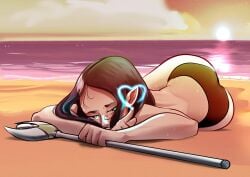 1girls ass background beach bikini black_clothing brown_hair disney disney_channel disney_xd eyes face_covered glowing_lines grabbing hair heart holding_object laying_down lilith_clawthorne looking_at_viewer lying magic magic_user on_ground on_stomach open_eyes sand saurusrequiem sea seaside smooth_skin solo solo_female staff sunset teasing_viewer the_owl_house tired topless wet wet_body wet_hair