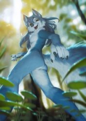 2022 absurd_res anthro aria_(blastdav) ass blue_body blue_fur blue_hair breasts canid canine canis claws day detailed_background digital_media_(artwork) female finger_claws fur genitals hair hi_res light lighting looking_at_viewer low-angle_view mammal multicolored_body multicolored_fur open_mouth open_smile outside plant pussy smile solo two_tone_body two_tone_fur wayn_animation white_body white_fur wolf