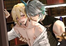 alhaitham_(genshin_impact) bite_mark bite_marks biting_neck blonde_hair gay genshin_impact grey_hair groping groping_from_behind kaveh_(genshin_impact) licking_neck males_only mlm muscular_male nape_biting neck_bite nipple_bite nipple_play nipple_slip nipples prawnmxx red_eyes roommates twink undressing yaoi