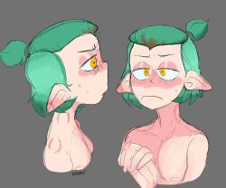 1girls amity_blight blush disney disney_channel disney_xd female female_only flat_chested green_hair grey_background looking_at_another nipples nude nude_female ponytail pose signature sketch solo straight_hair sweating the_owl_house xxxchillipepper_(artist)