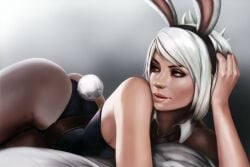 brown_eyes bunny_costume bunny_ears bunny_girl bunny_tail bunnygirl bunnysuit g21mm hand_on_head league_of_legends riven short_hair simple_background white_hair