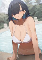 1girls bikini blue_hair blush busty cleavage curvaceous curvy female female_only hair_over_one_eye hi_res looking_at_viewer neshia_(tsaqif0309) original original_character pool poolside short_hair wet white_bikini