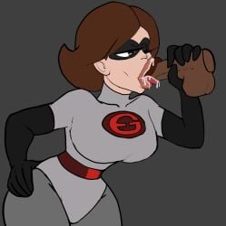 alternate_costume ass balls belt big_ass big_breasts big_butt black_clothing bodily_fluids breasts brown_balls brown_hair brown_penis clothed clothing dark-skinned_male dark_skin dick digital_drawing_(artwork) digital_media_(artwork) duo elastigirl elastigirl_(the_incredibles_2_supersuit) fellatio floating floating_penis grey_background grey_clothing hair hand_on_ass hand_on_penis handjob helen_parr interracial mask nekomajinsama one_eye_closed open_mouth oral oral_penetration oral_sex penetration penis saliva simple_background smooth_skin standing standing_sex the_incredibles tongue tongue_out