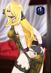 1girls blonde_female bondage bossbb41 bound cleavage cynthia_(pokemon) eye_contact female female_only femsub gag gagged human large_breasts long_hair looking_at_viewer pokemon solo wide_hips