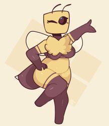 1girls 3_fingers antennae anthro bee bee_(minecraft) belly black_eyes breasts chubby featureless_breasts fur minecraft mouthless multicolored_body neck_tuft no_nipples posing simple_background solo stinger stripes wings wink