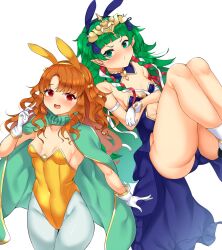 2girls alternate_costume ass big_ass blue_panties breasts bunny_ears bunny_girl bunnysuit daichi_(tokoya) female female_only fire_emblem fire_emblem:_radiant_dawn fire_emblem:_three_houses frown green_eyes green_hair levitation long_hair looking_at_viewer multiple_girls nintendo open_mouth orange_hair panties red_eyes small_breasts smile sothis_(fire_emblem) yune_(fire_emblem)