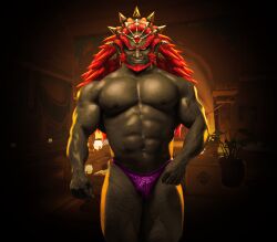 abs biceps bulge flaccid ganondorf ganondorf_(hyrule_warriors) green_skin hyrule_warriors inviting_to_sex male_only muscular_male nintendo pecs photoshop purple_thong red_hair solo solo_male the_legend_of_zelda thedarkdjin